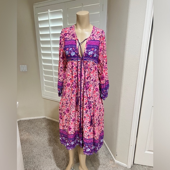 Bohemian Boho Hippie‎ Modest Paisley Floral Peasant Lounge Midi Dress Size Small - Picture 1 of 11